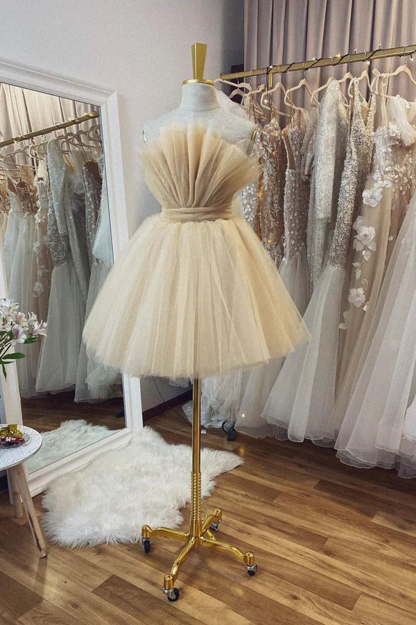 Wholesale Champagne Tulle Short A-Line Prom Dress Lovely Strapless Party Dress